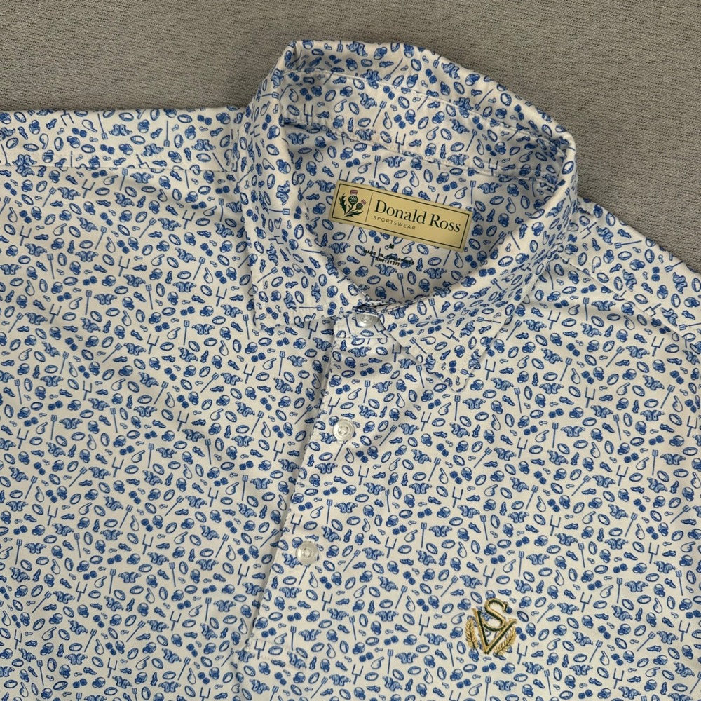 Donald Ross Polo Shirt‎ Mens M Blue White Football AOP Performance SV Crest